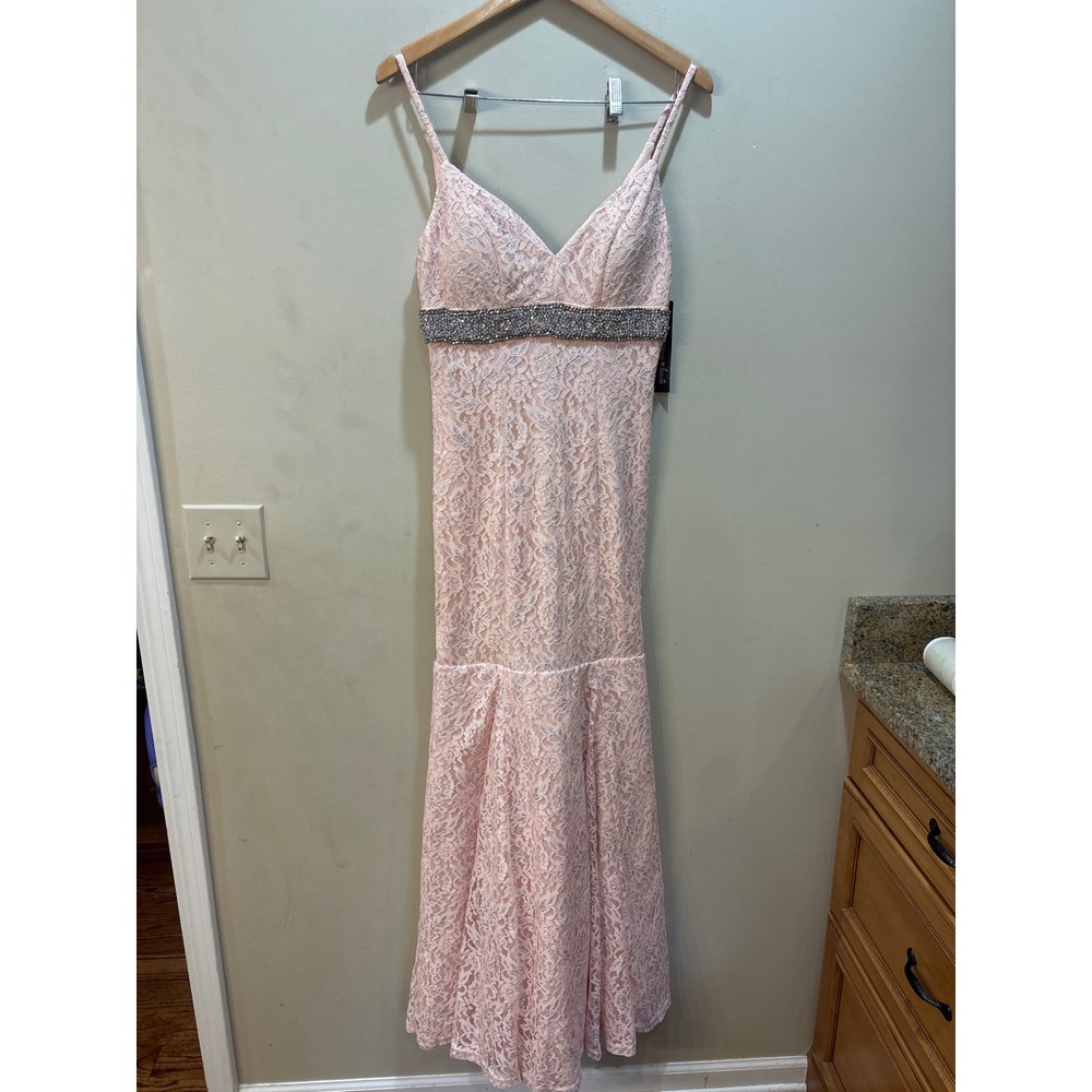 NWT Sequin Hearts Pink Lace Mermaid Gown Rhinestone Waist Formal Dress 5 Prom